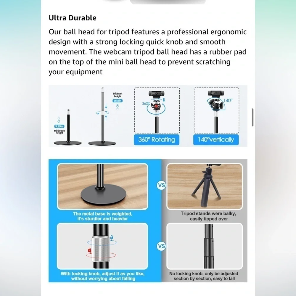Webcam Tripod Stand for Desk:Logitech Brio | C920 | C922 Height/Angle Adjustable - Picture 9 of 10